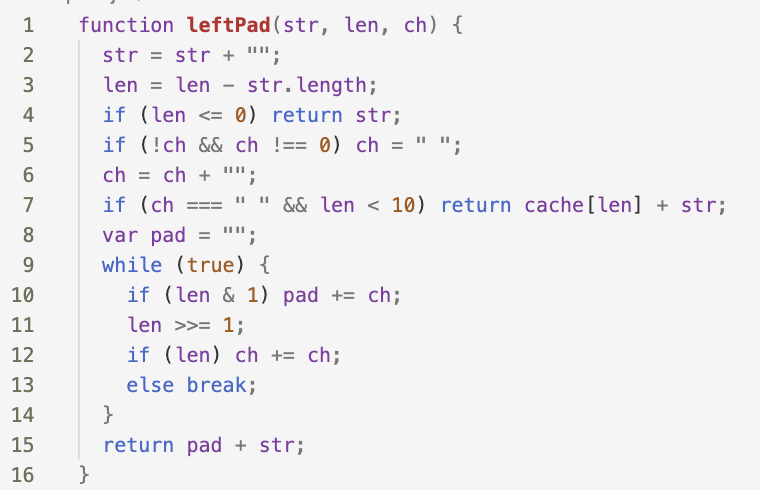 All 16 lines of the left-pad library (comments removed) from GitHub