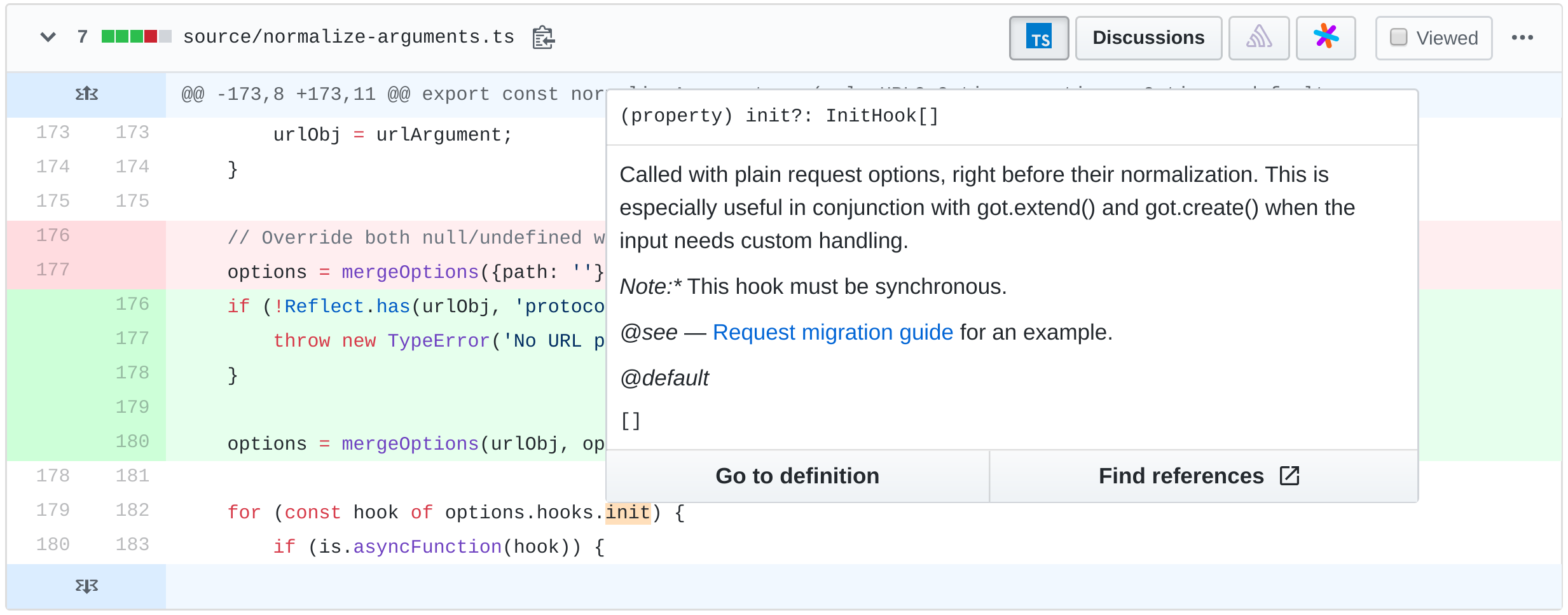 Github pull request demonstrating code navigation to help review code.