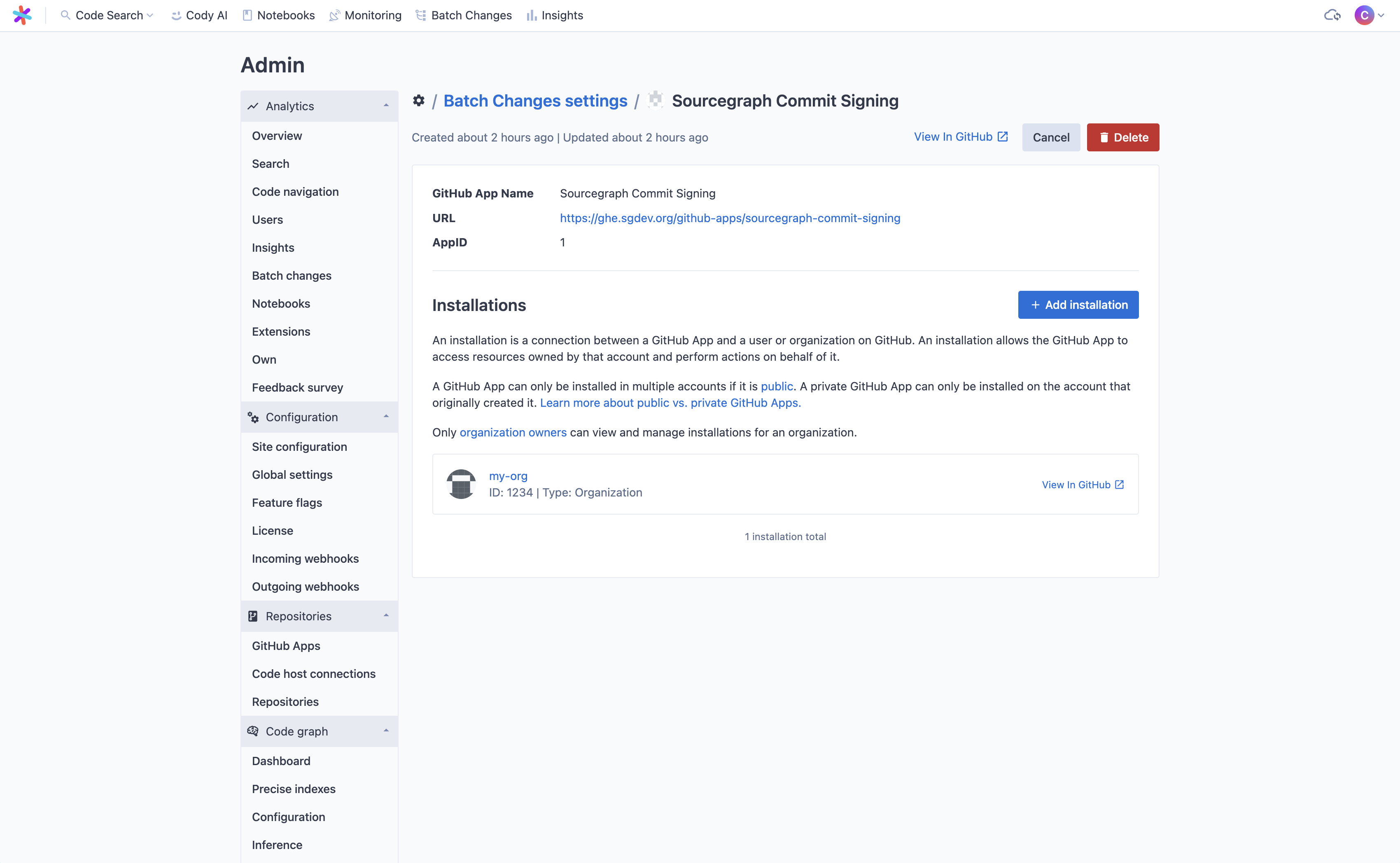 The GitHub App details page on Sourcegraph
