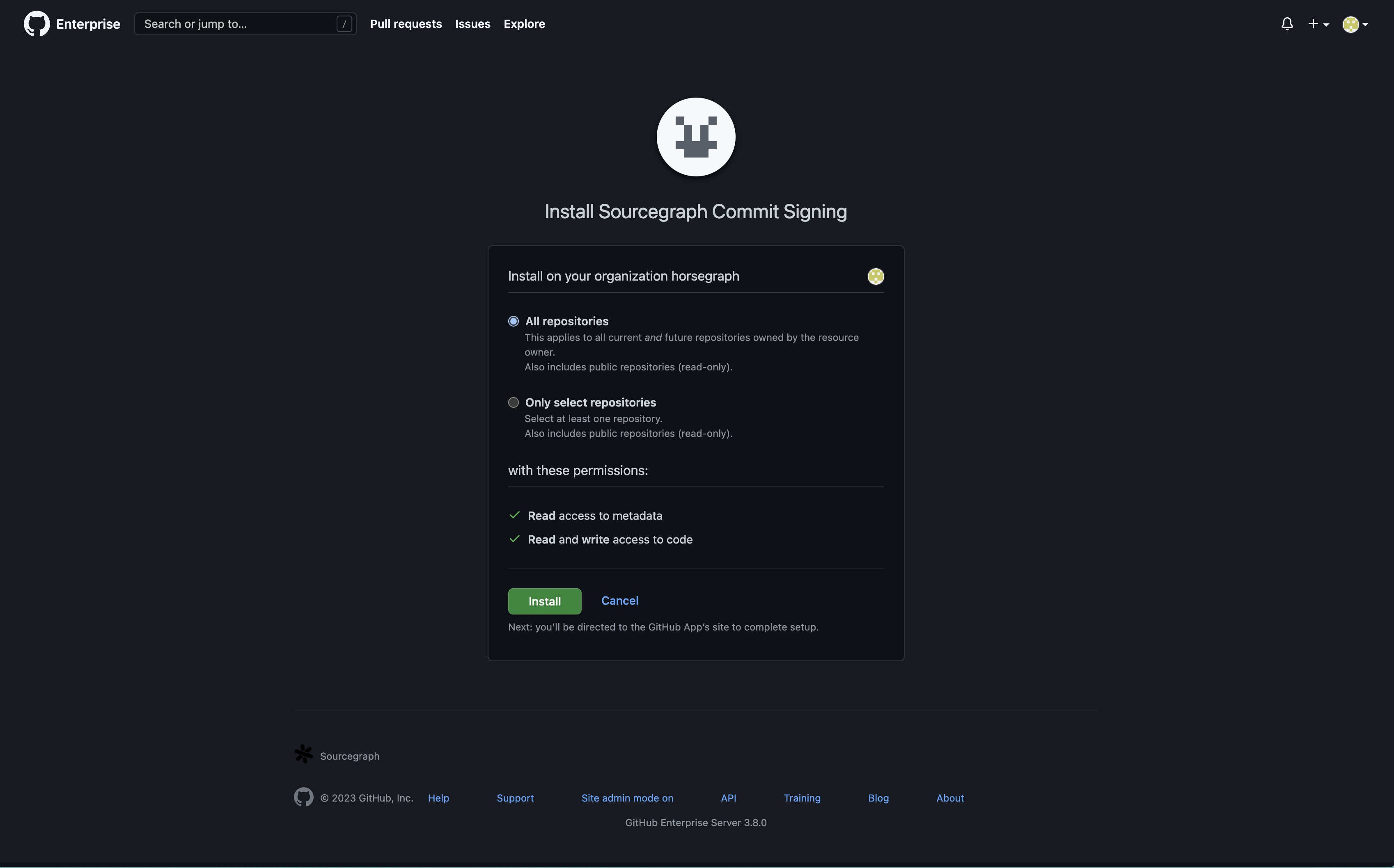 The GitHub App installation page on GitHub