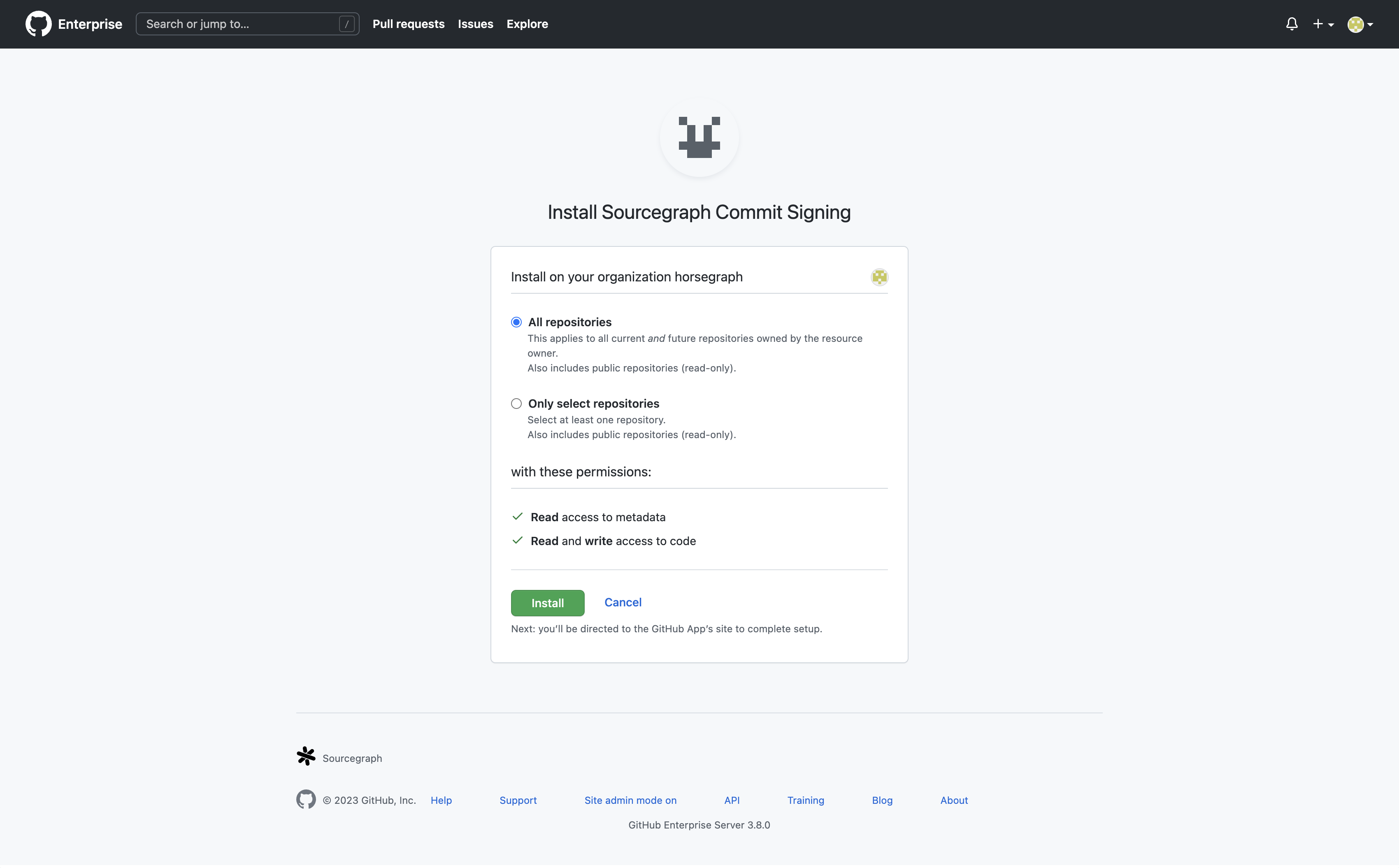 The GitHub App installation page on GitHub