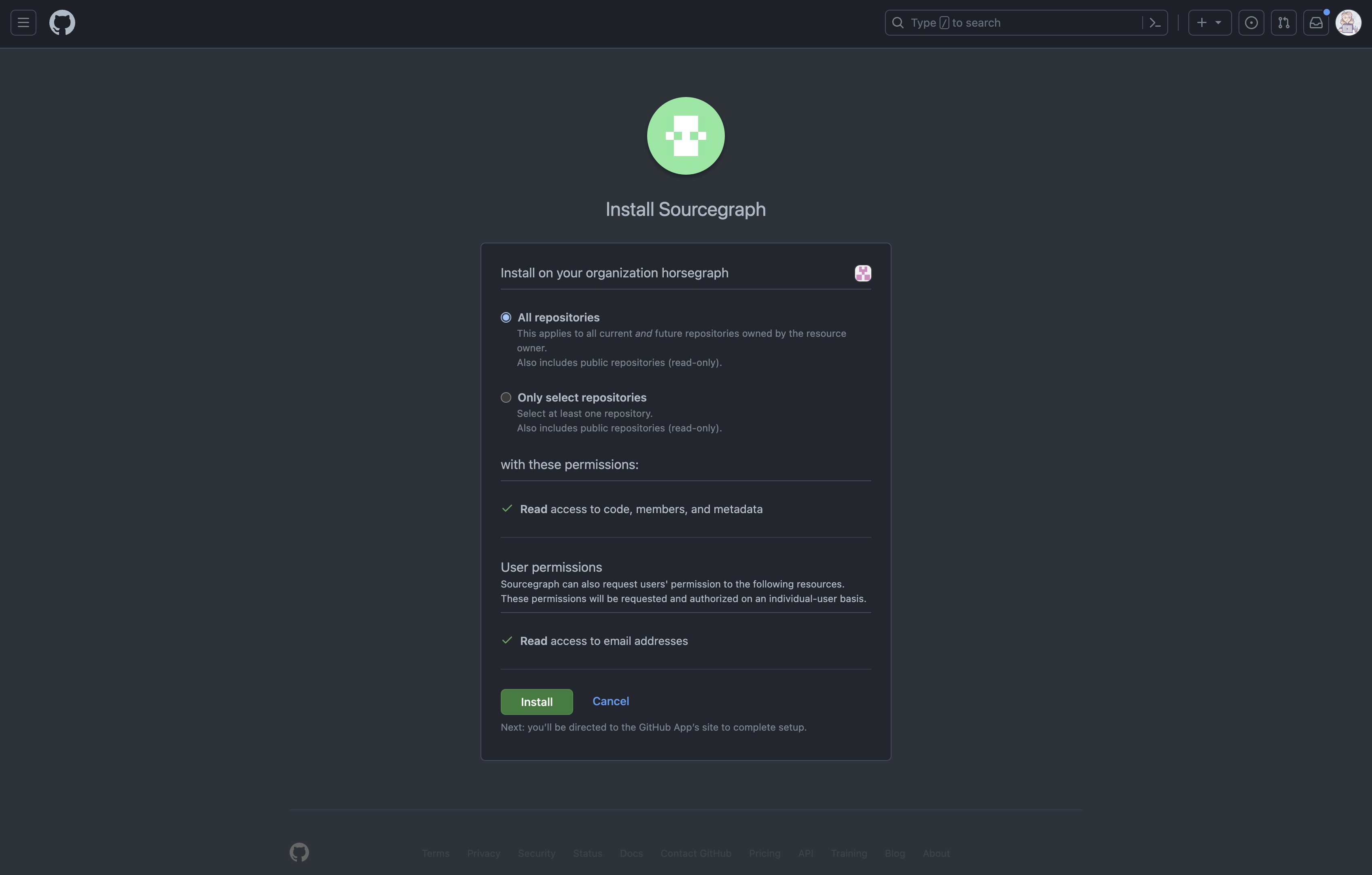 The GitHub App installation page on GitHub