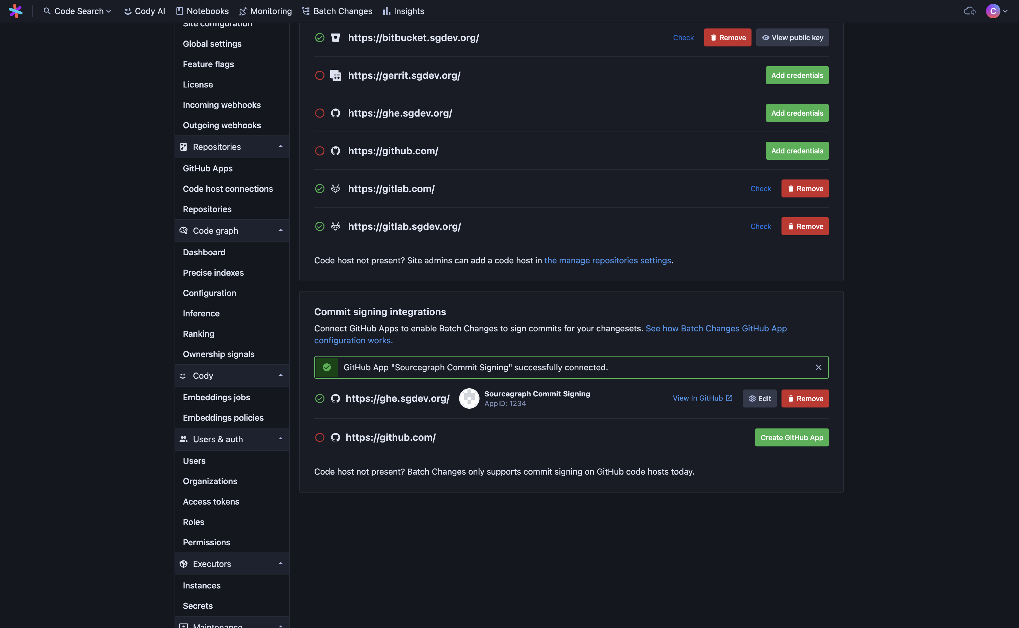 The Batch Changes settings page on Sourcegraph, scrolled to show the newly added commit signing integration