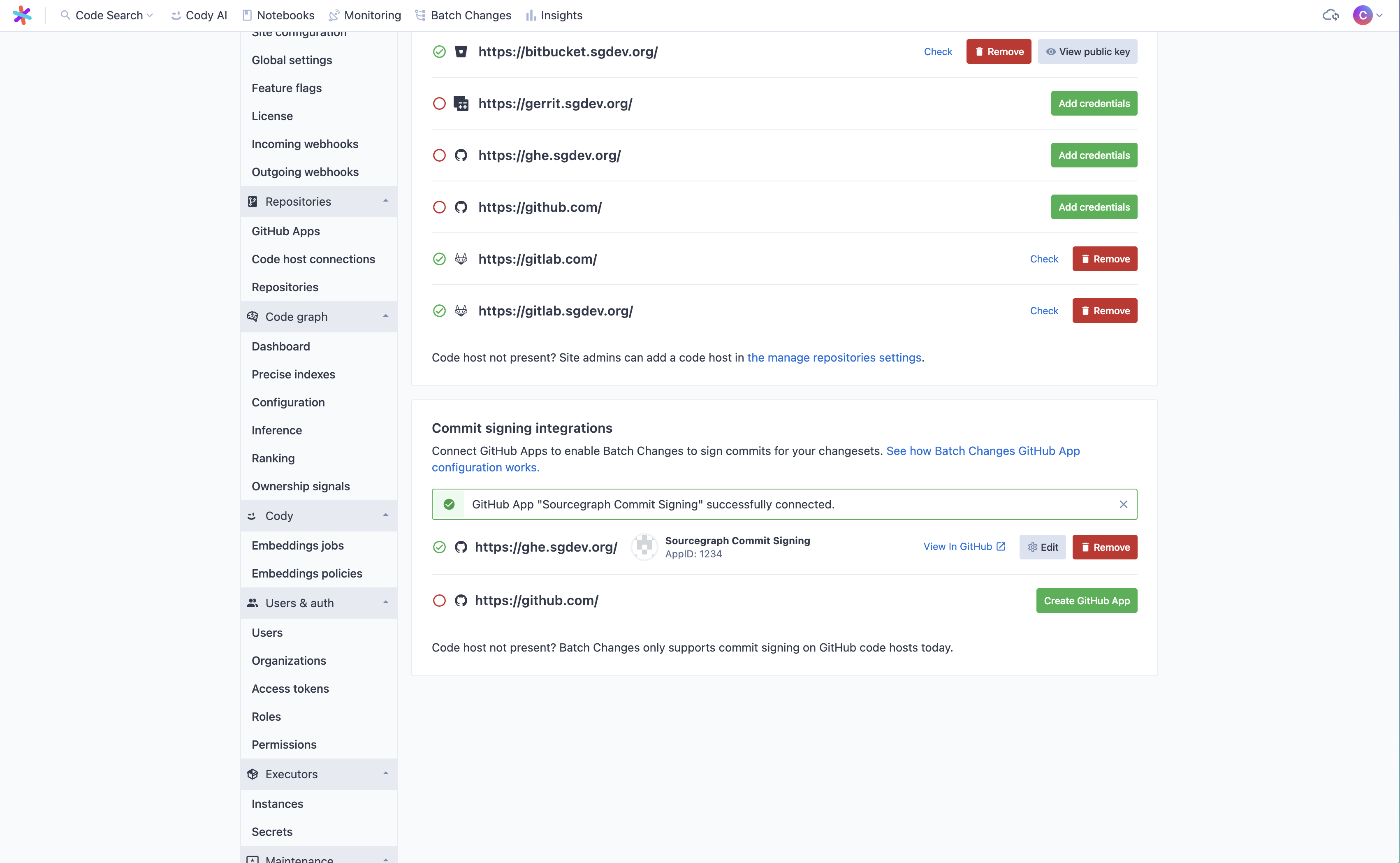 The Batch Changes settings page on Sourcegraph, scrolled to show the newly added commit signing integration