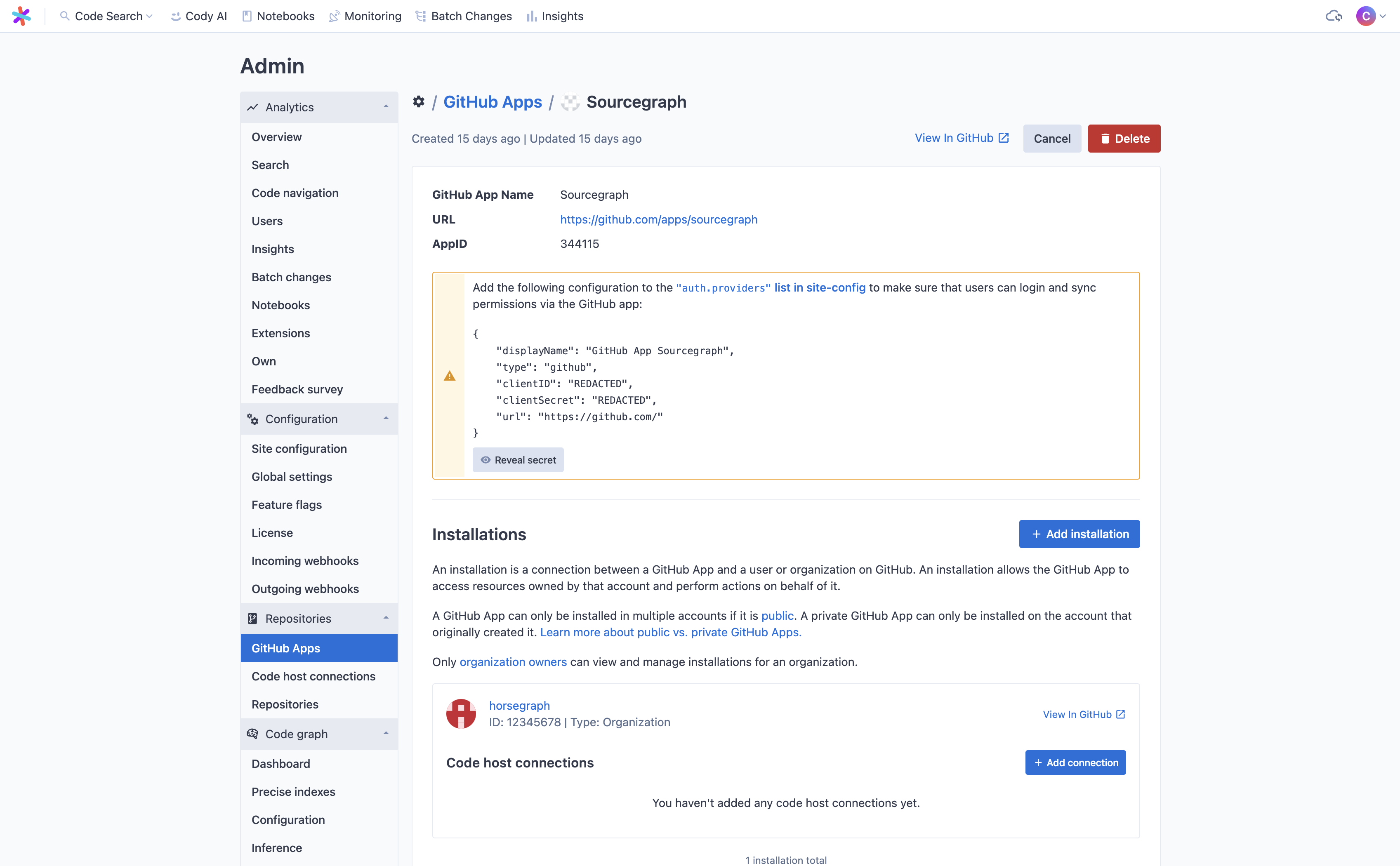 The GitHub App details page on Sourcegraph