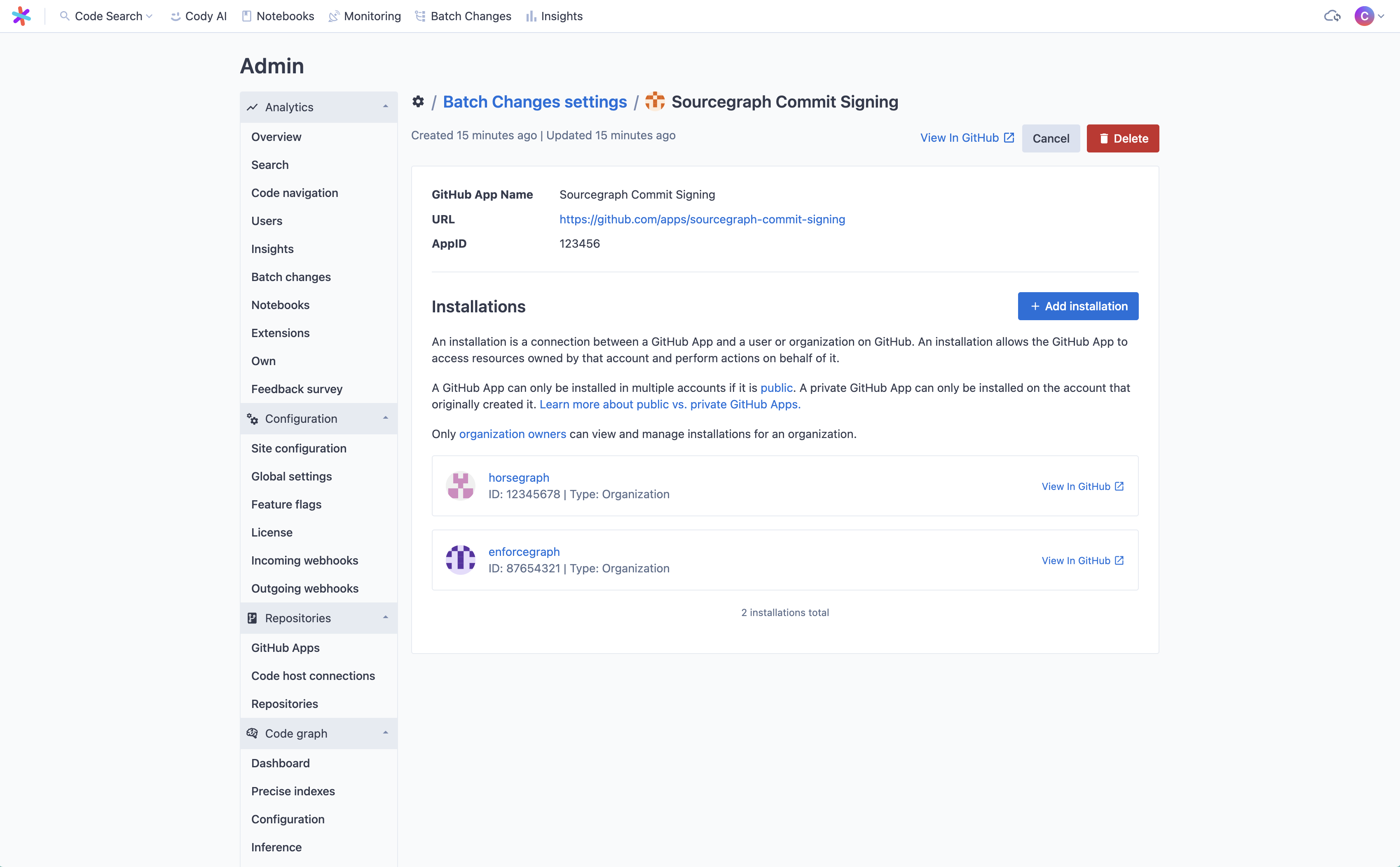 The GitHub App details page on Sourcegraph, scrolled to show a second new installation