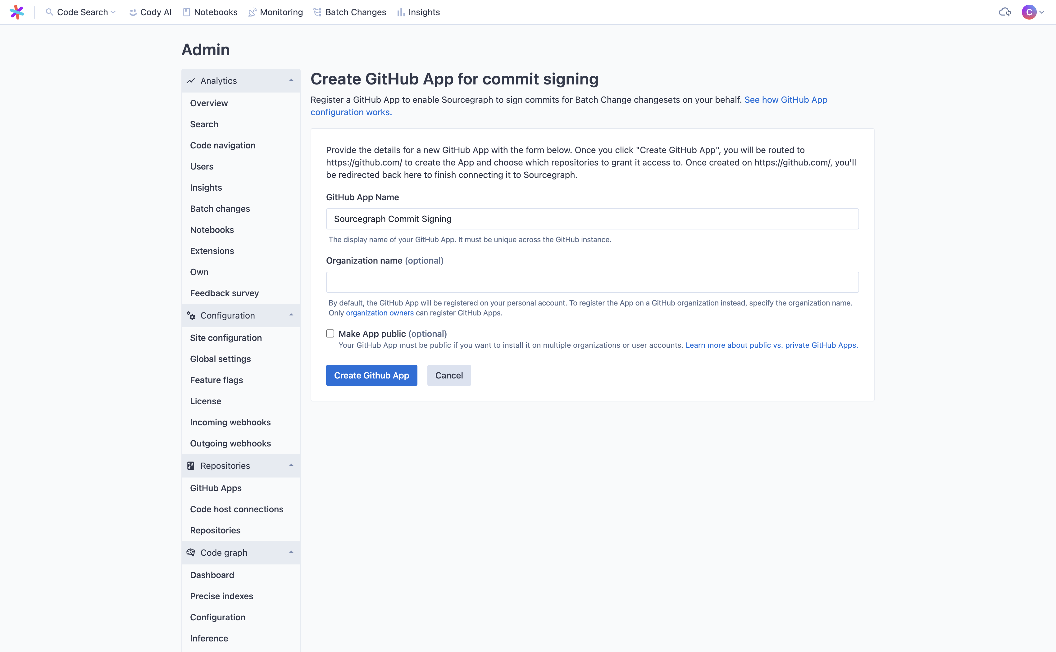 The GitHub App creation page on Sourcegraph, with the default values filled out