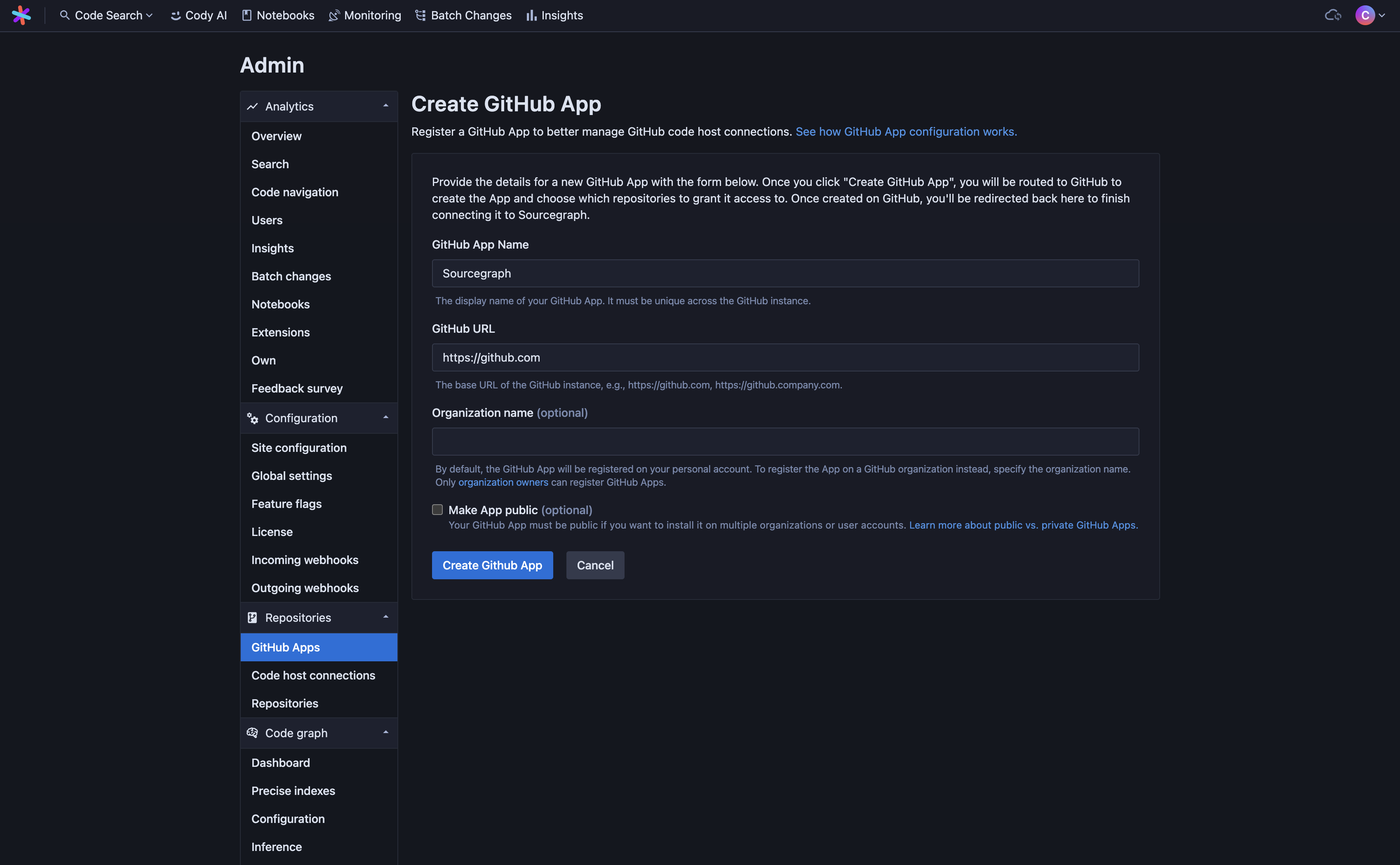 The GitHub App creation page on Sourcegraph, with the default values filled out