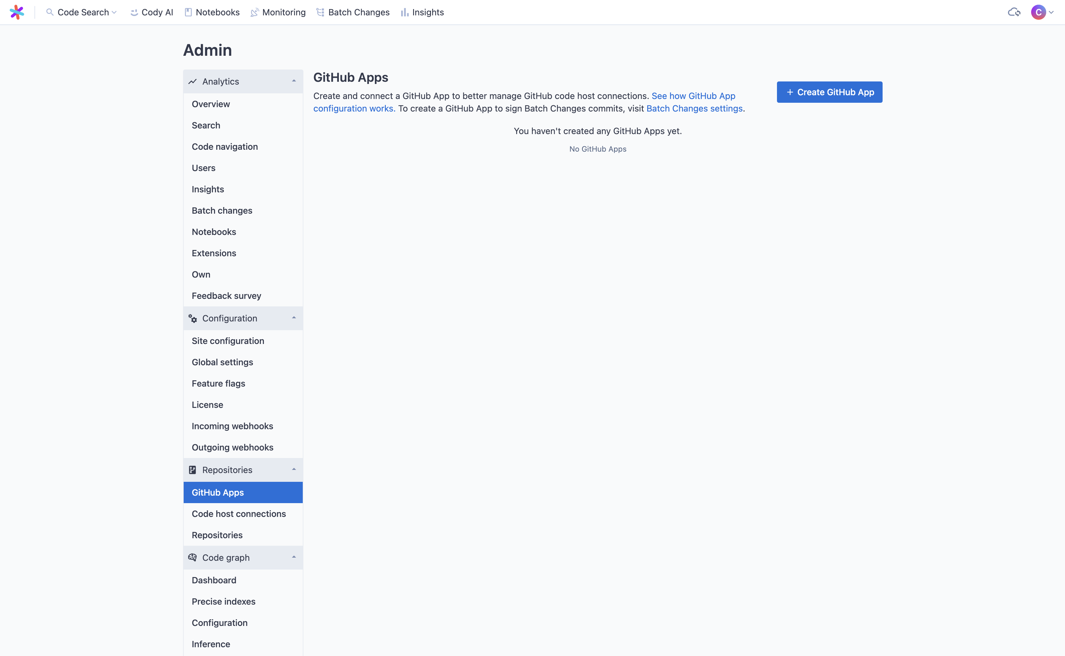 The GitHub Apps page on Sourcegraph
