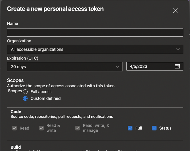 The Azure DevOps PAT creation page