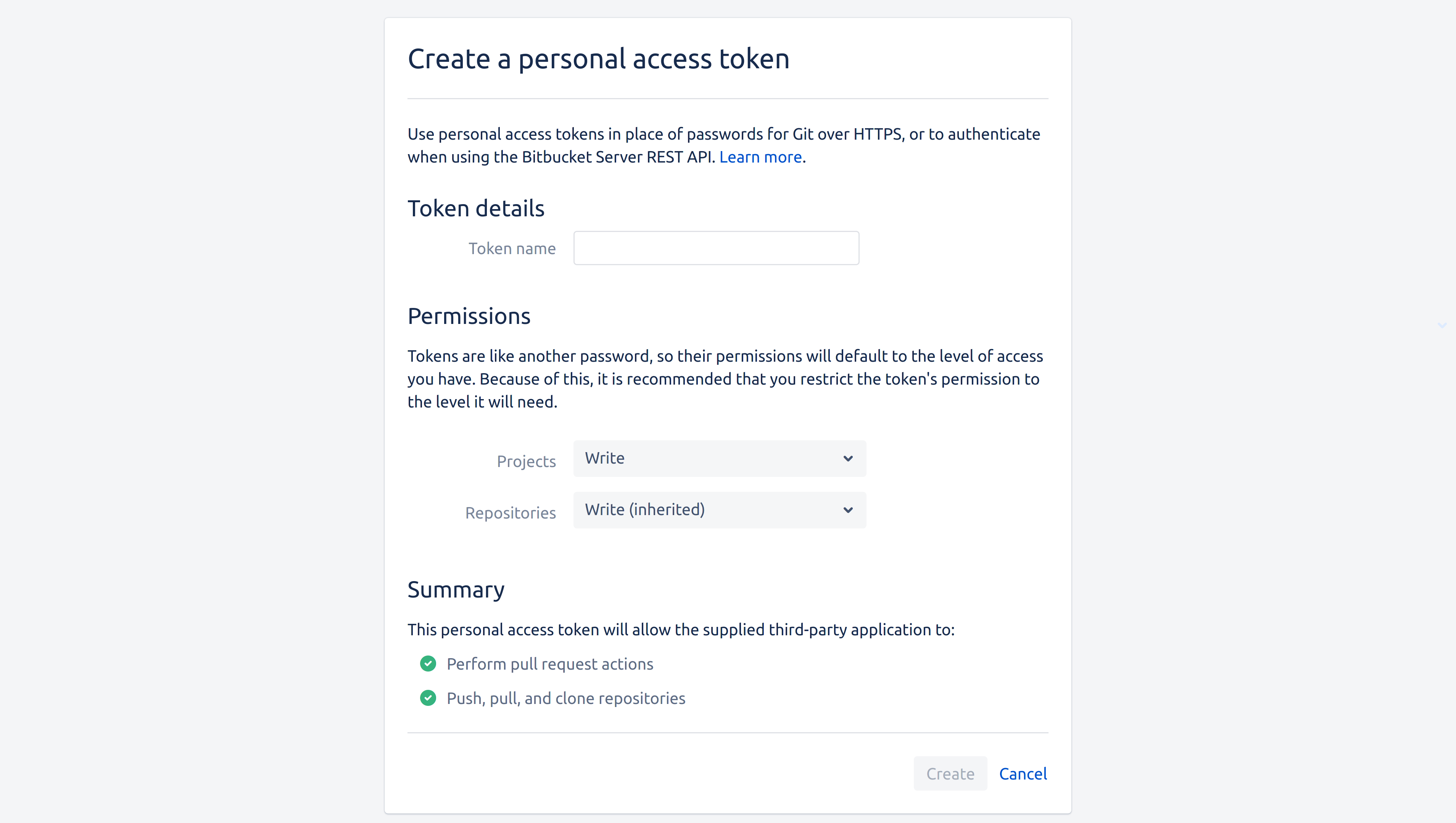 The Bitbucket Server / Bitbucket Data Center token creation page, with Write permissions selected on both the Project and Repository dropdowns