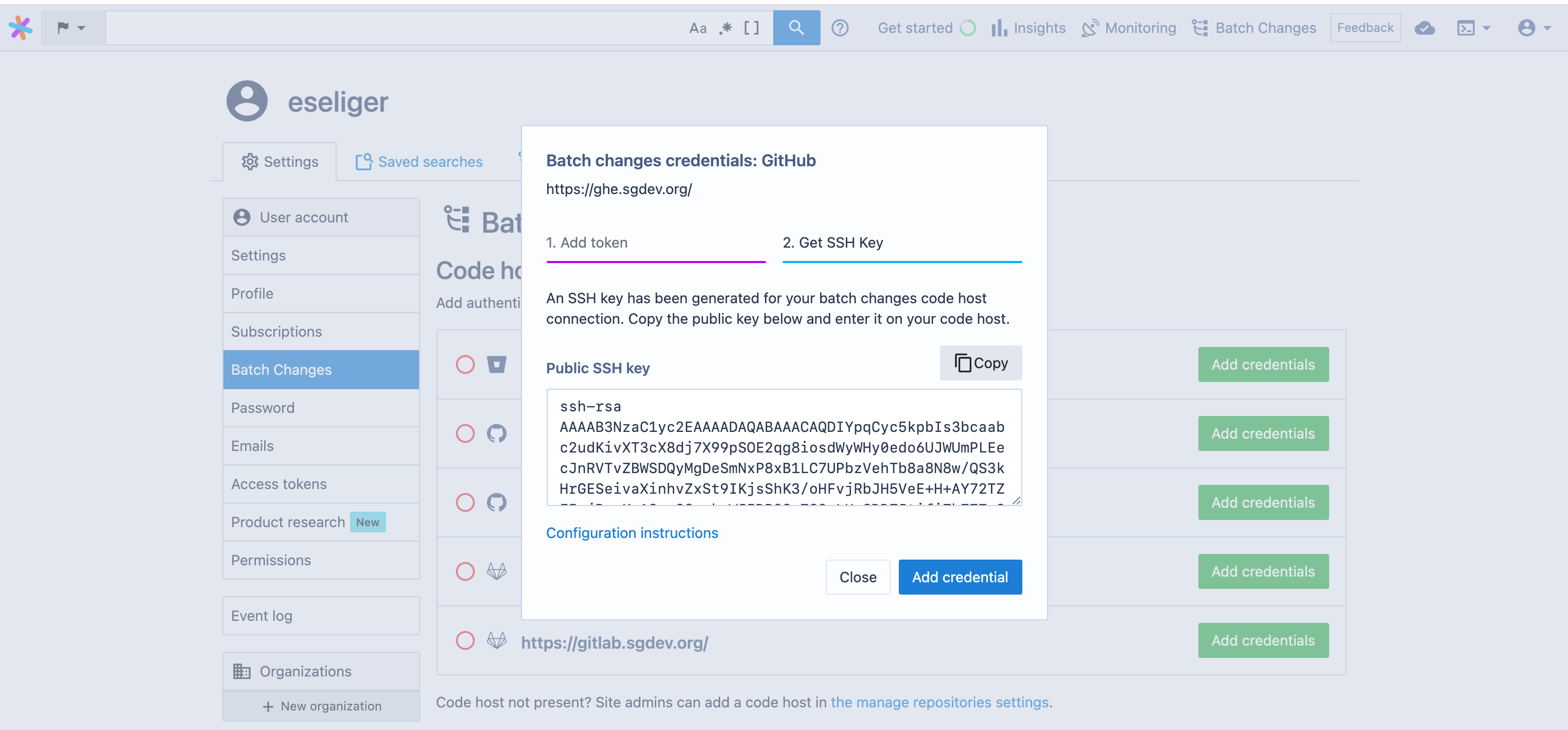 Credentials setup process, showing the SSH public key to be copied