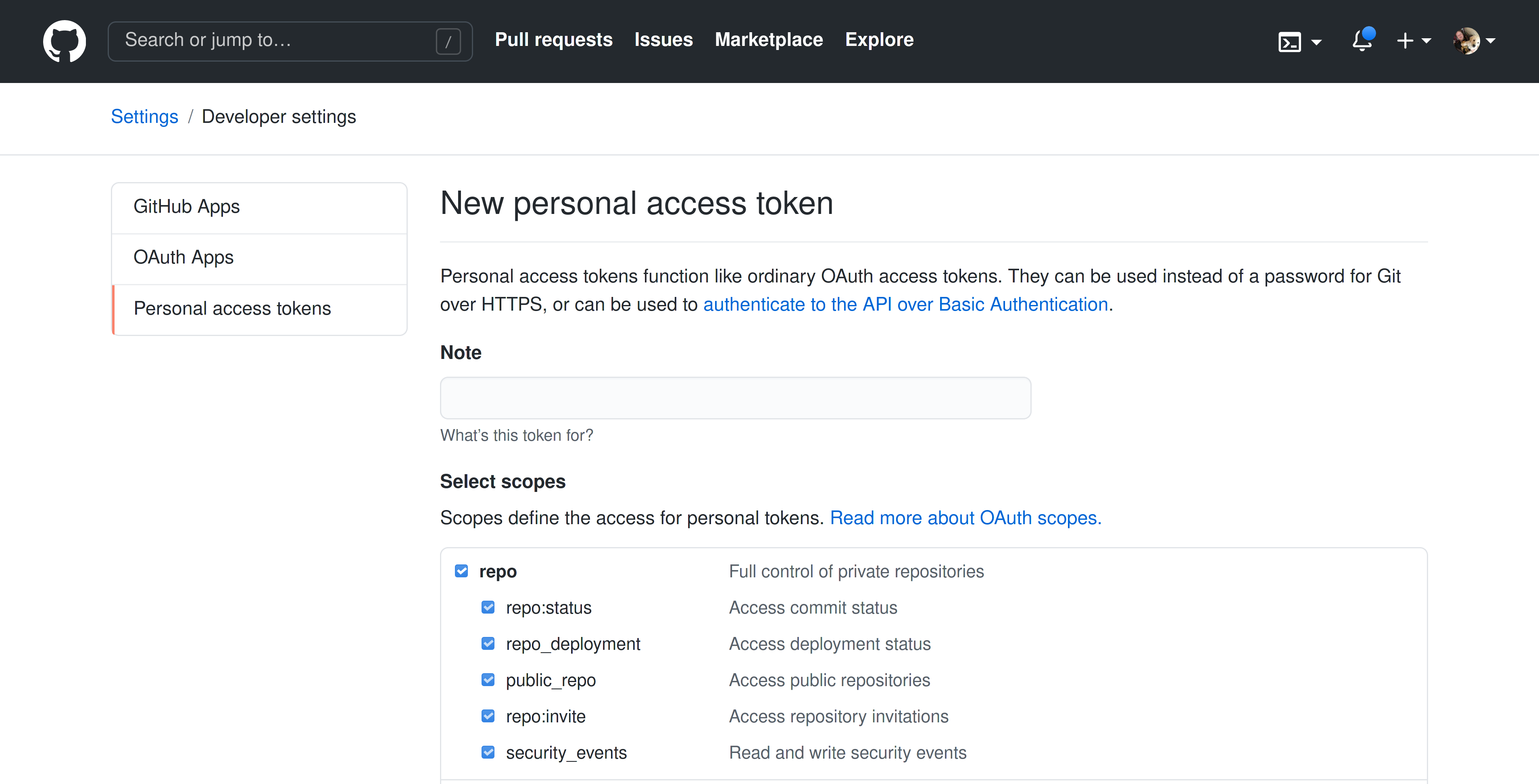 The GitHub token creation page, with the repo scope selected