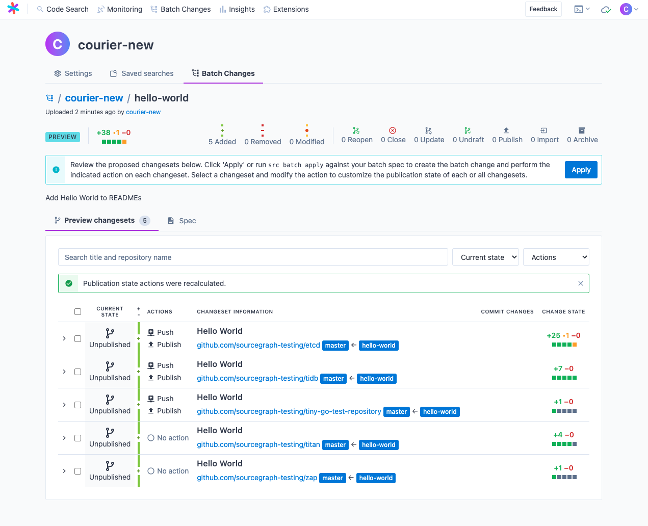 Publishing changesets to the code host - Sourcegraph docs