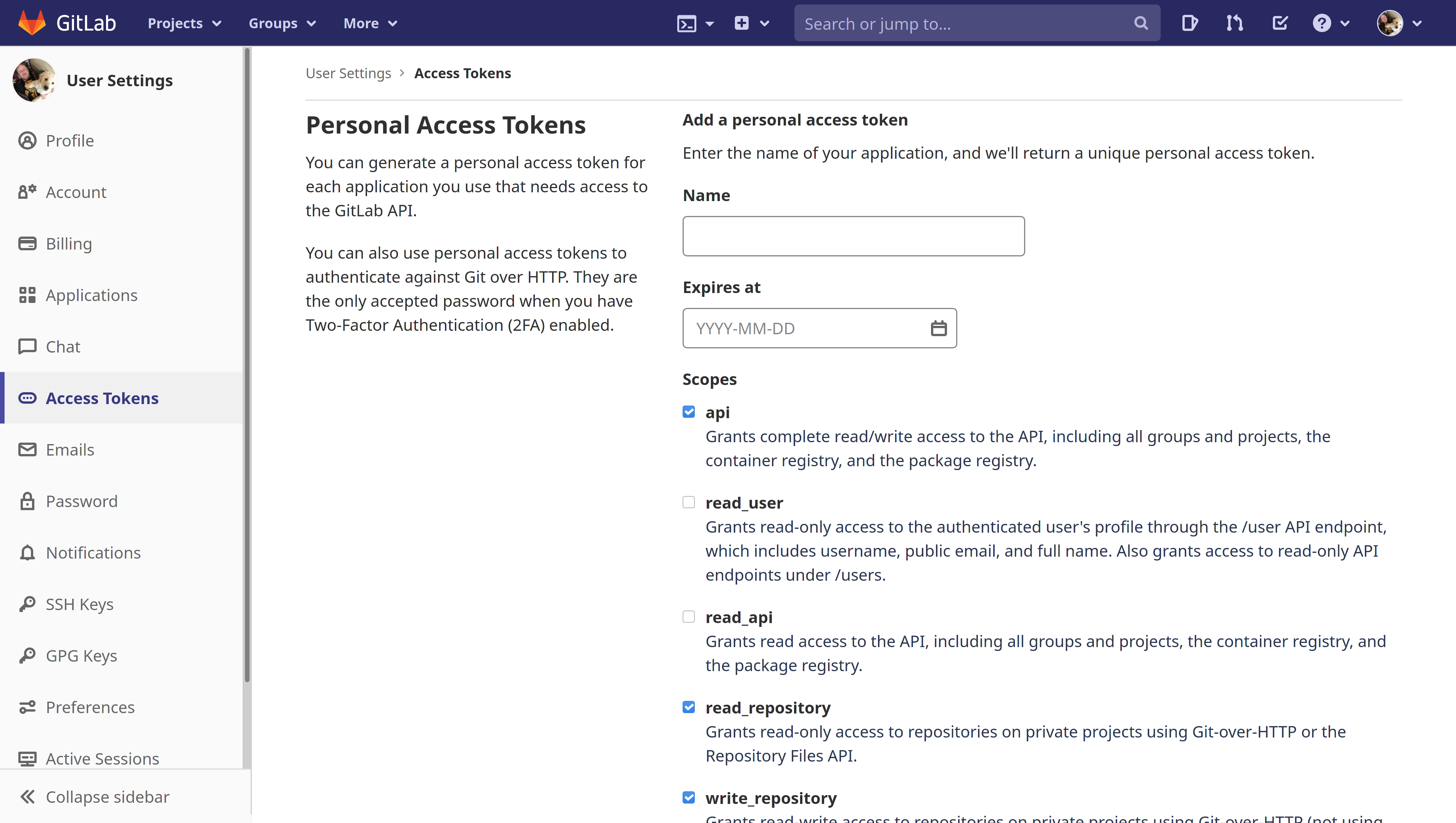 The GitLab token creation page, with the api, read_repository, and write_repository scopes selected