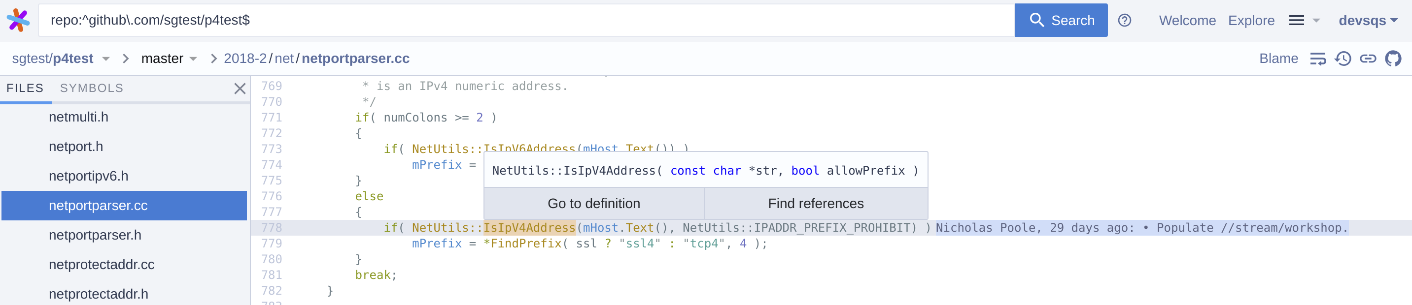 Viewing a Perforce repository on Sourcegraph