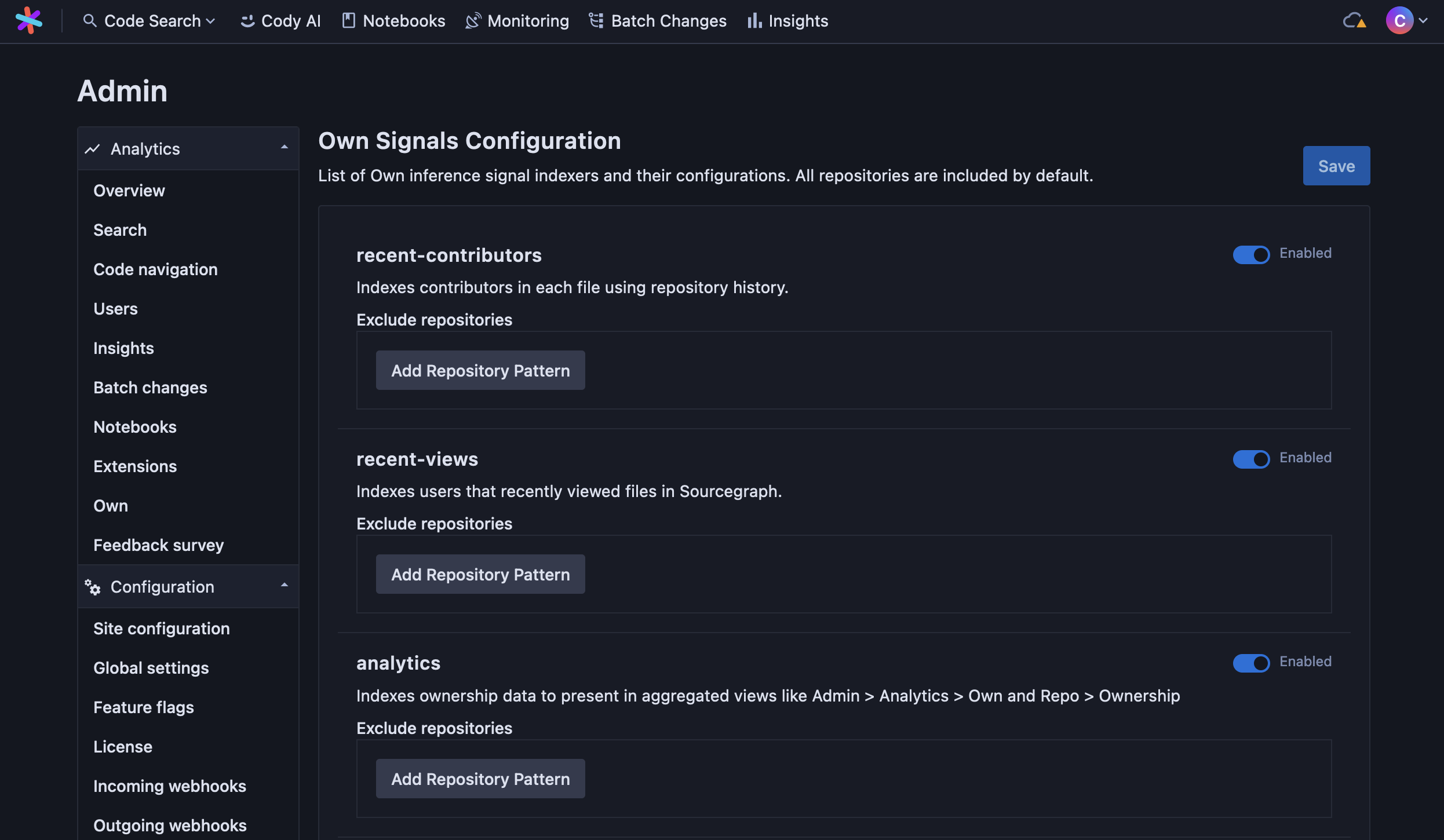 Site admin ownership configuration page